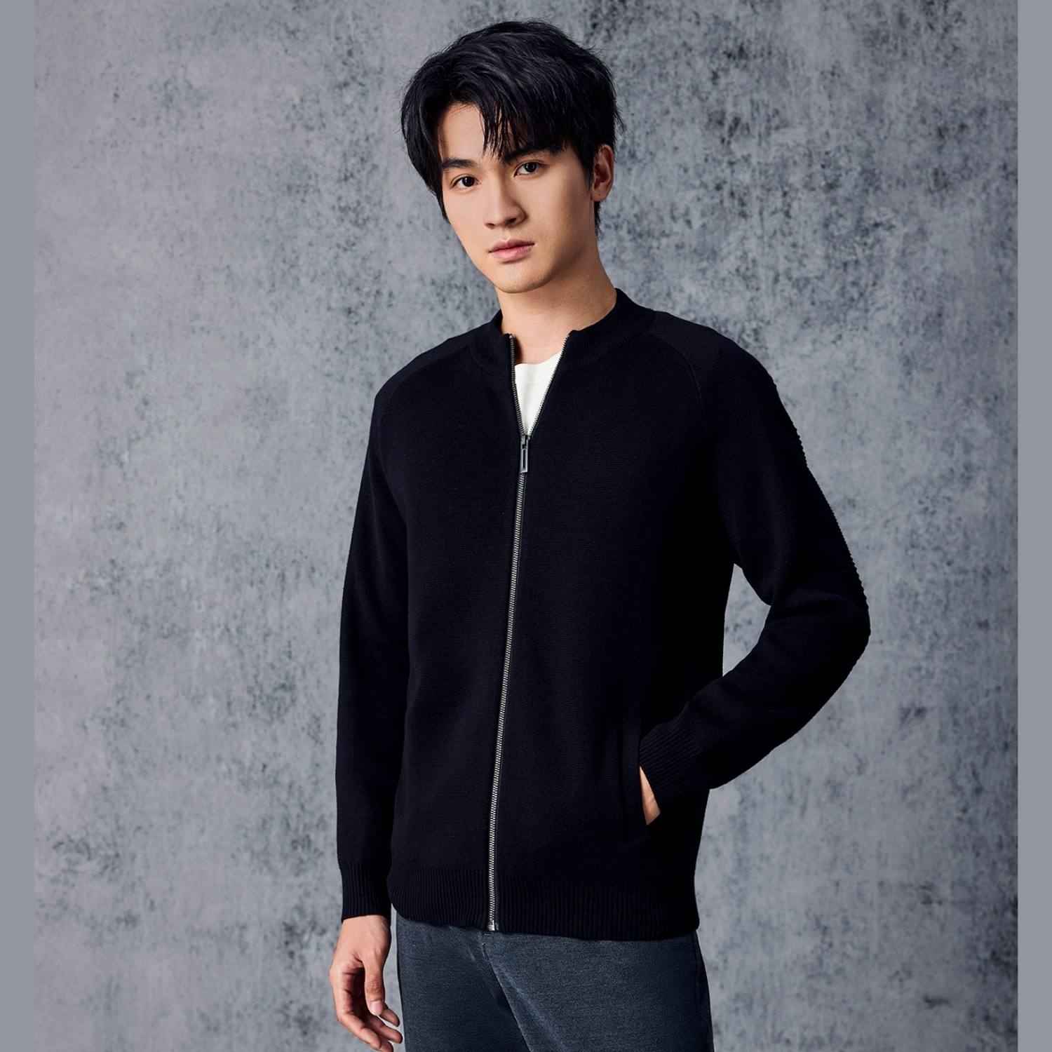 Men's Cotton - Acrylic Texture Stitch Mock Neck Raglan Cardigan - Black - Giordano