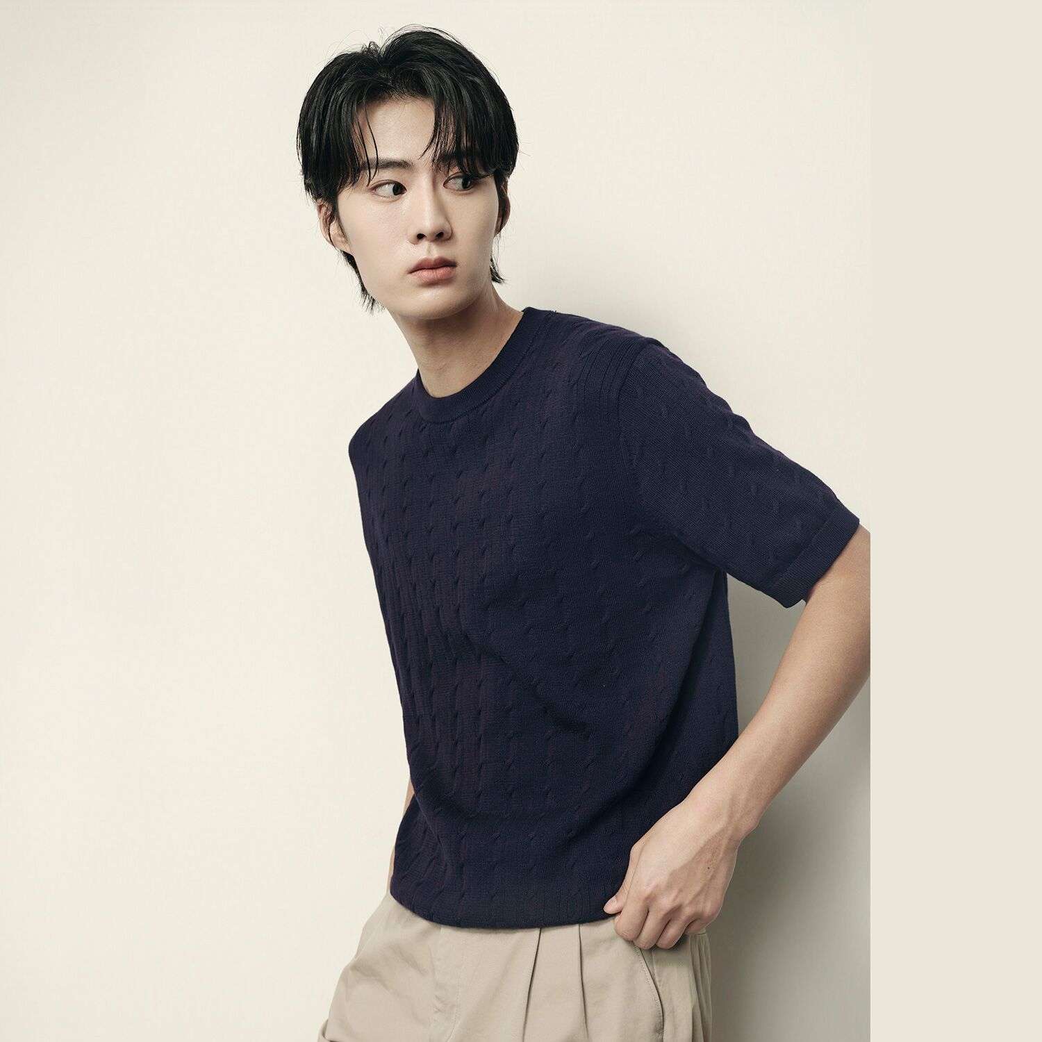 Men’s Cable Knit Cotton - Polyester Short Sleeve Polo | Korea Collection - Blue - Giordano